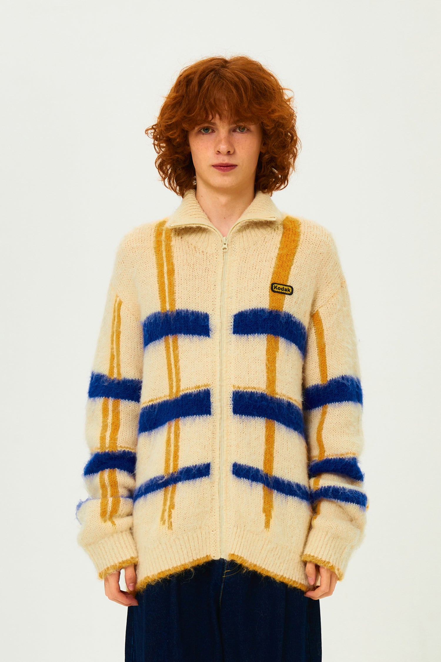 ヘアリーチェックジップアップセーター【イエロー】