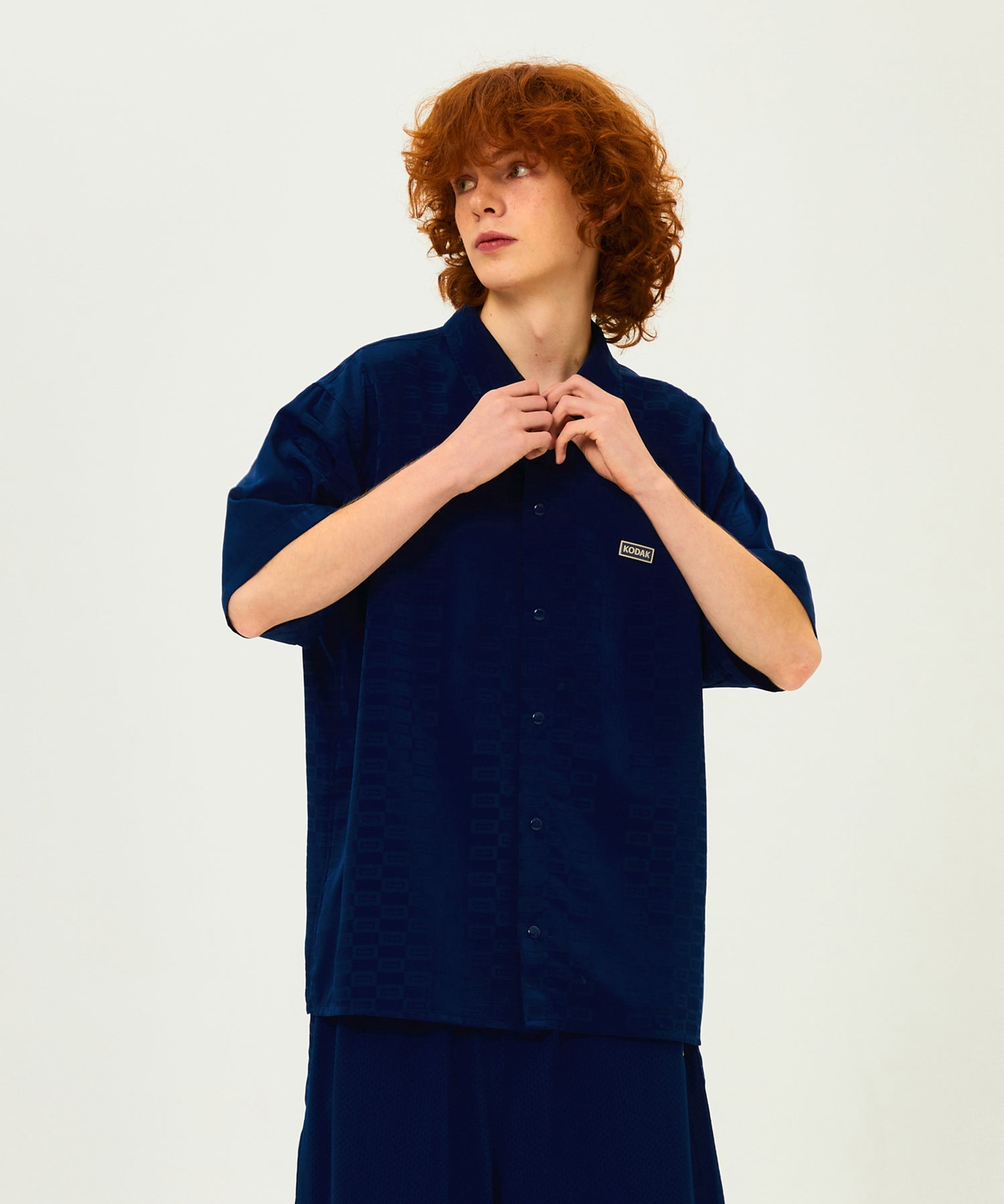 フラッシュパターンジャカードショートスリーブ シャツ【ネイビー】