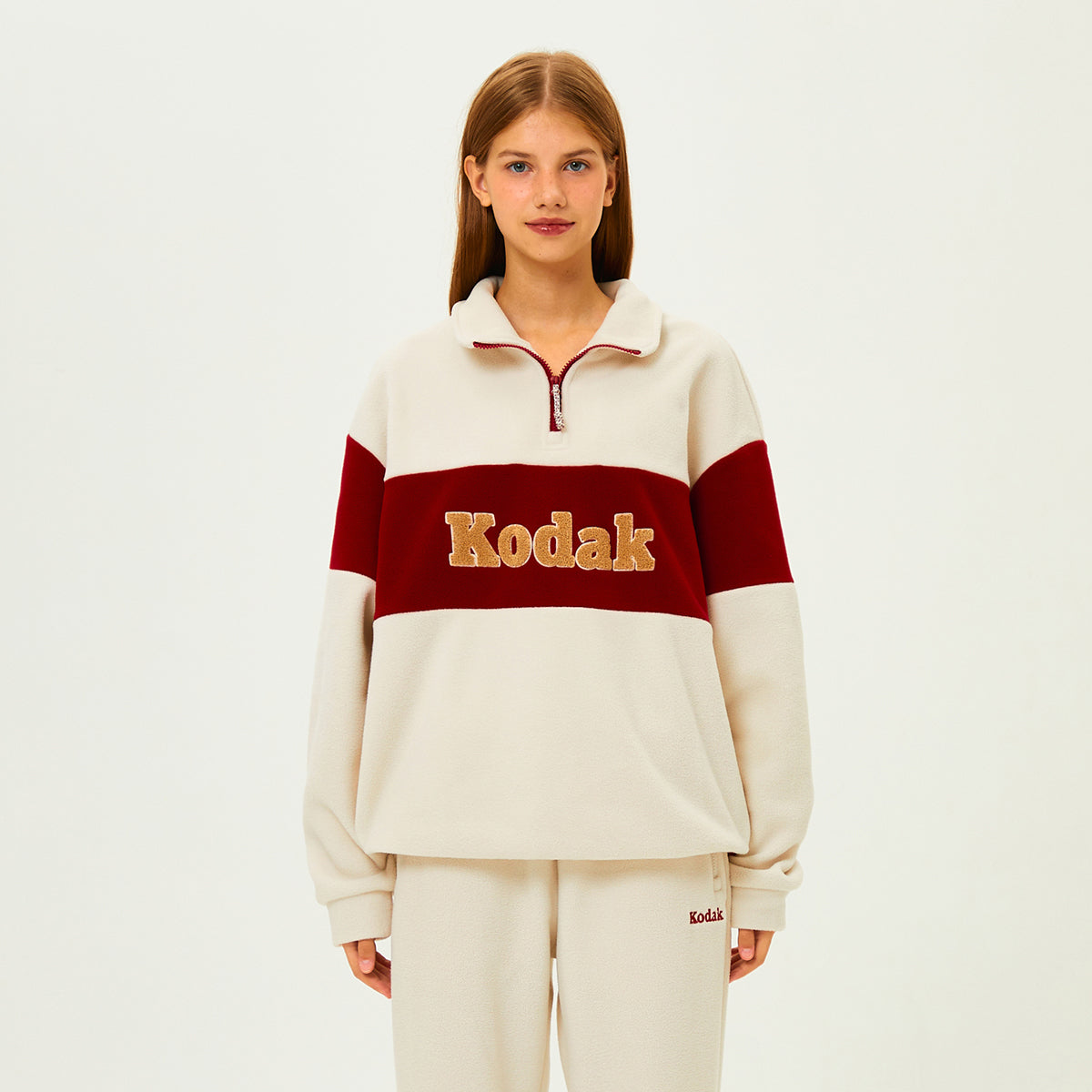 (Women) エッセンシャルカラーブロックマイクロフリースハーフジップ【アイボリー】