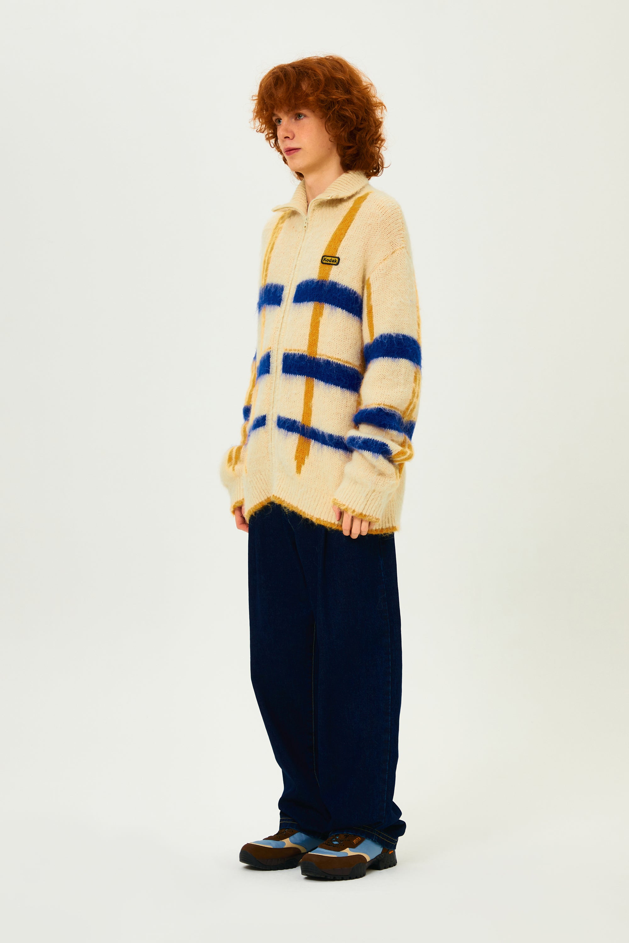 ヘアリーチェックジップアップセーター【イエロー】