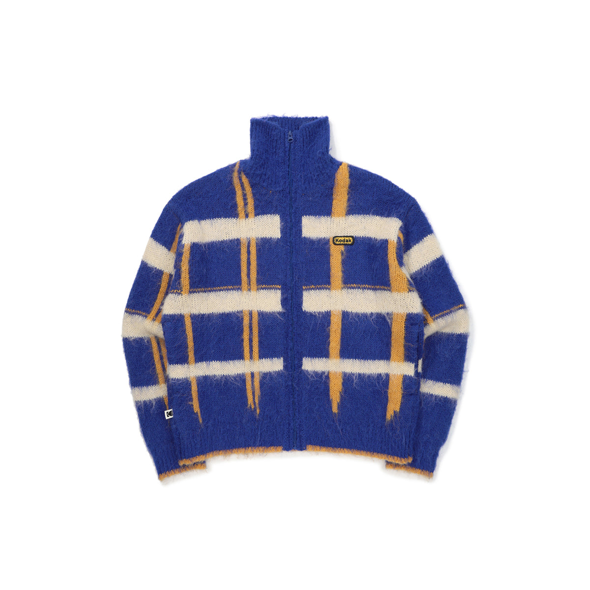 ヘアリーチェックジップアップセーター【ブルー】