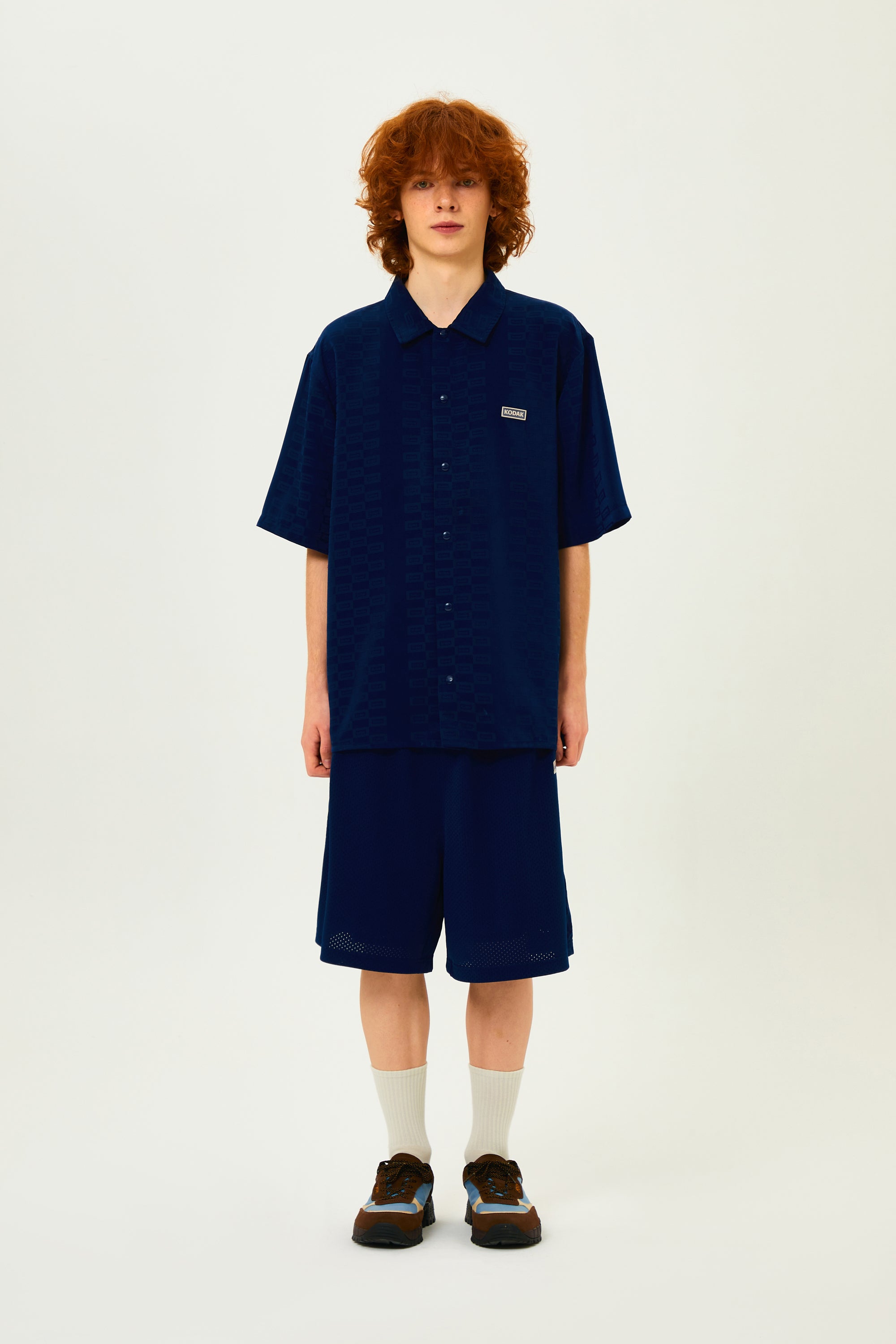 フラッシュパターンジャカードショートスリーブ シャツ【ネイビー】