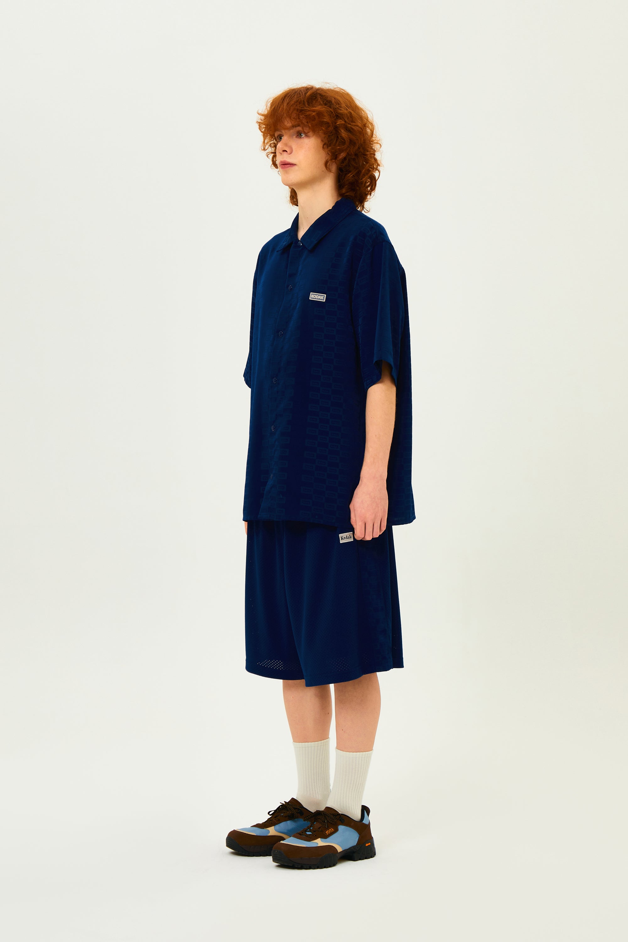 フラッシュパターンジャカードショートスリーブ シャツ【ネイビー】