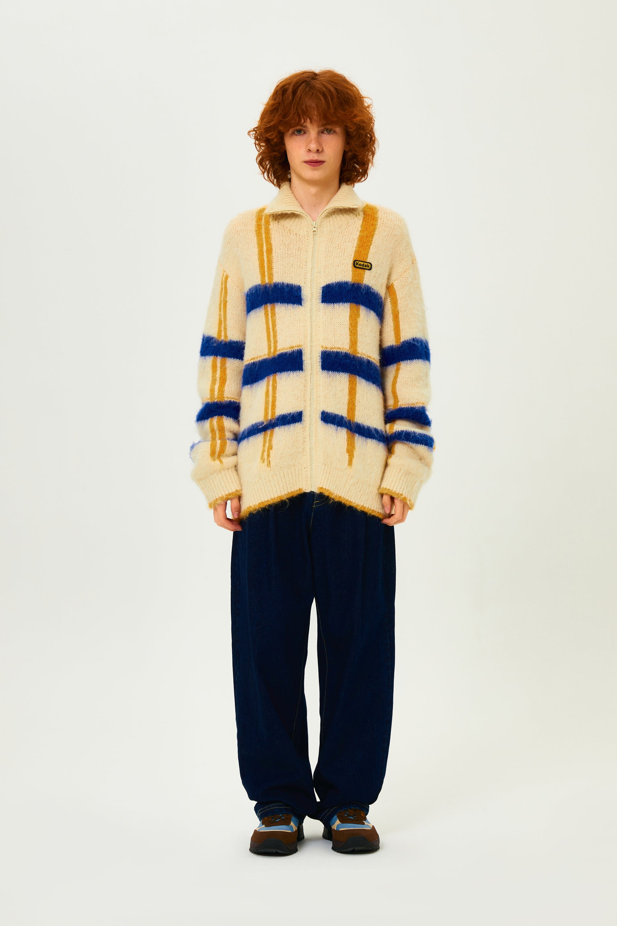 ヘアリーチェックジップアップセーター【イエロー】