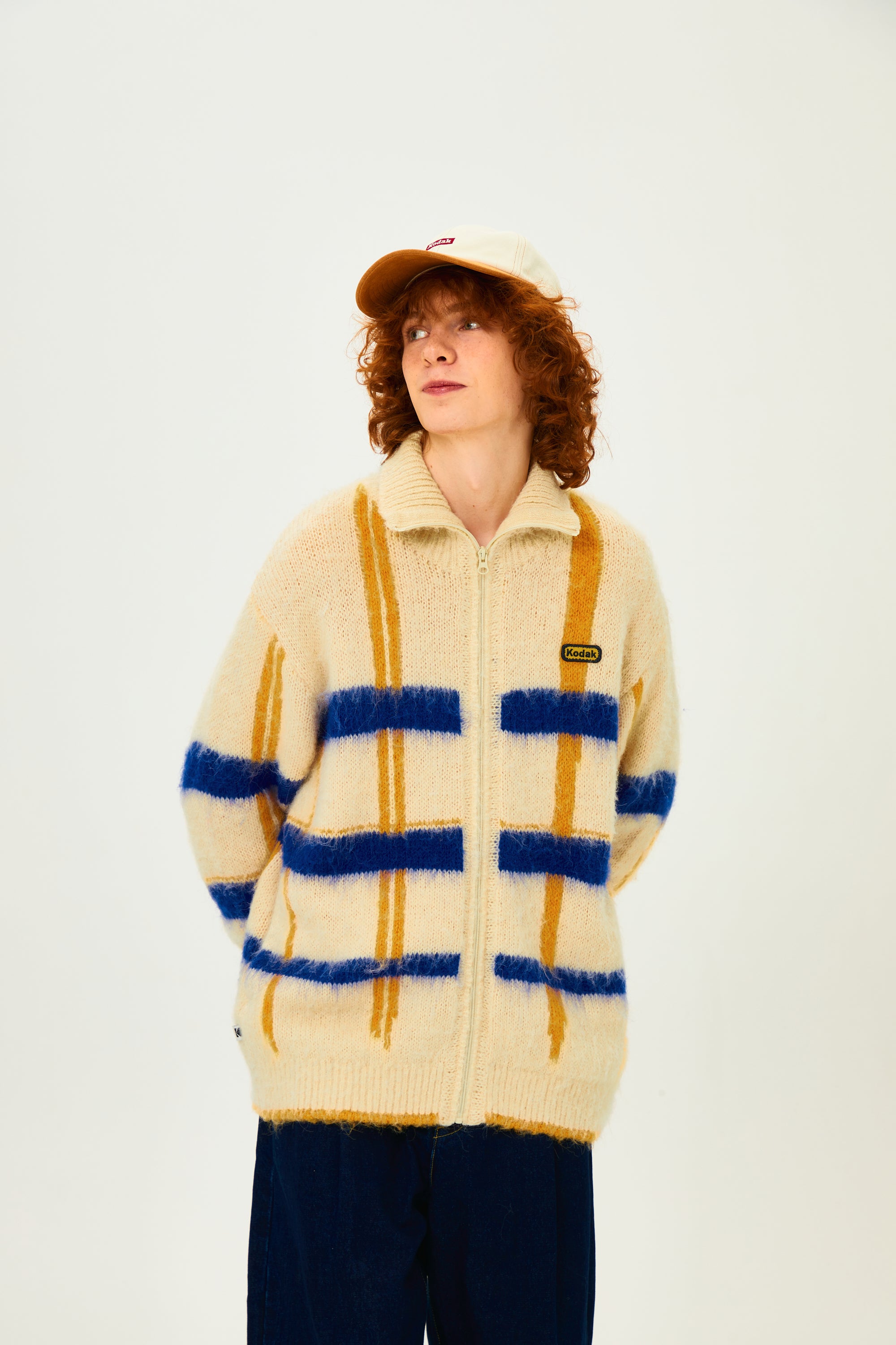 ヘアリーチェックジップアップセーター【イエロー】