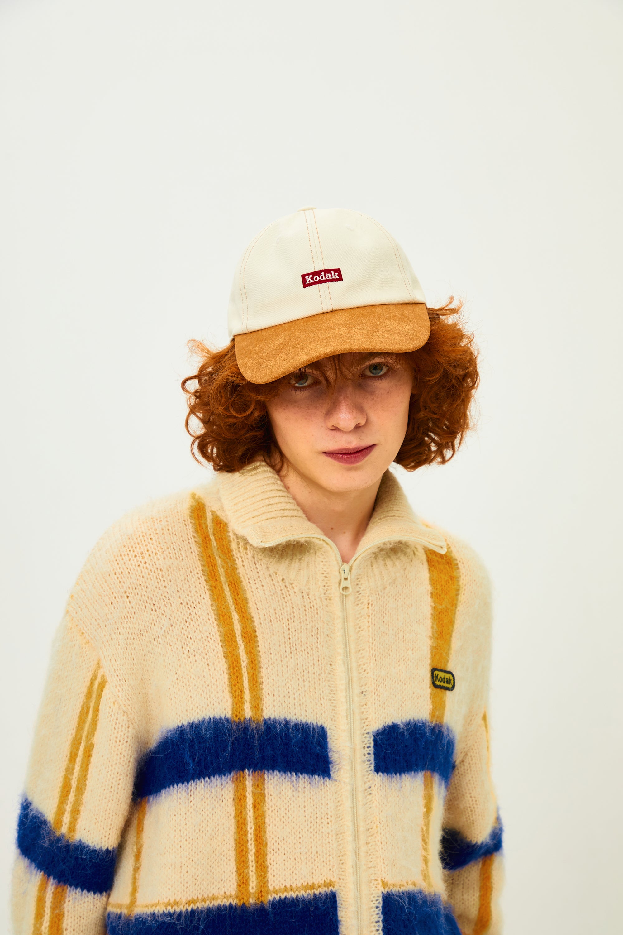 ヘアリーチェックジップアップセーター【イエロー】